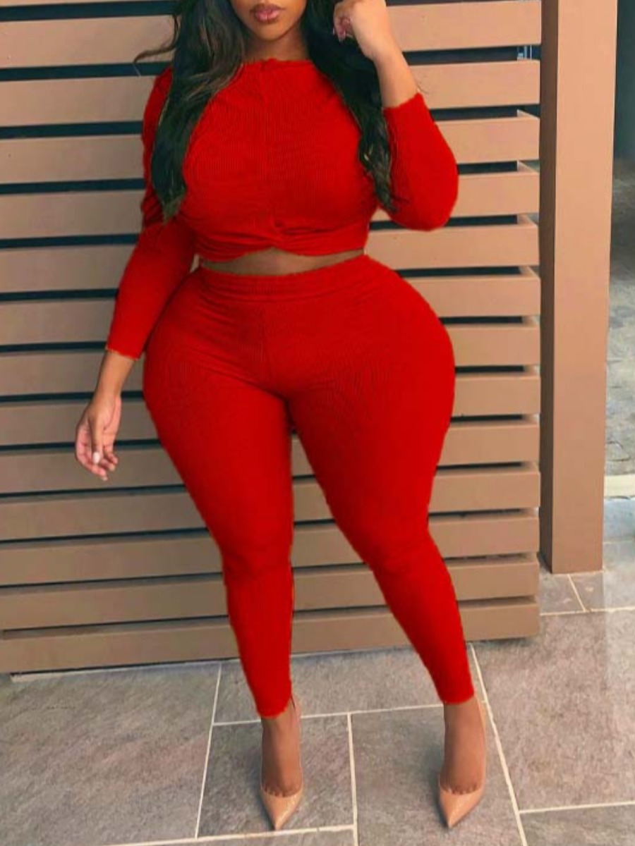 

lovely Casual O Neck Knot Design Red Plus Size Two-piece Pants Set