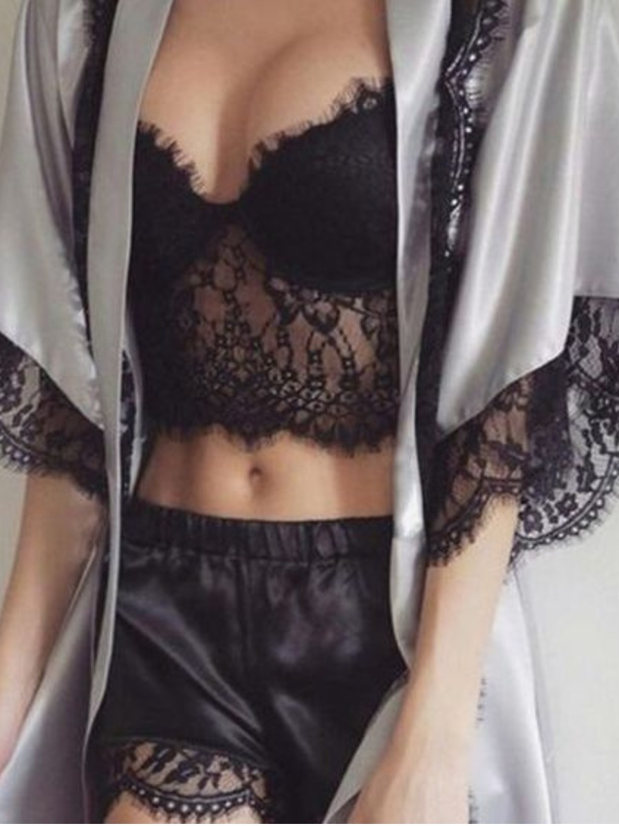 

lovely Sexy Lace Hem Black Sleepwear