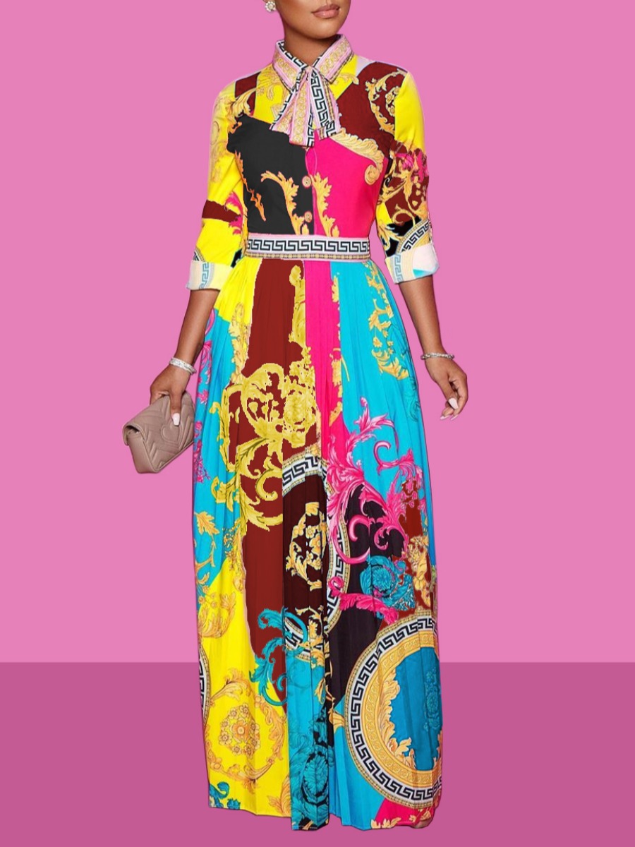 

lovely Trendy Turndown Collar Versace Print Multicolor Maxi Dress, Multi