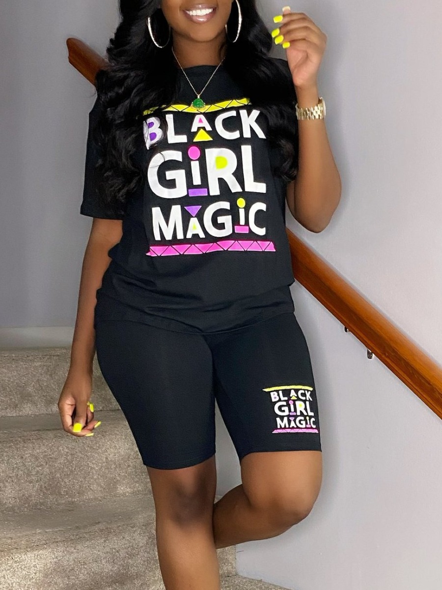 

Lovely Casual O Neck Letter Print Black Two Piece Shorts Set