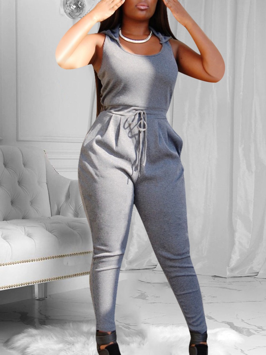 

lovely Sportswear Drawstring Zipper Design Grey One-piece Jumpsuit