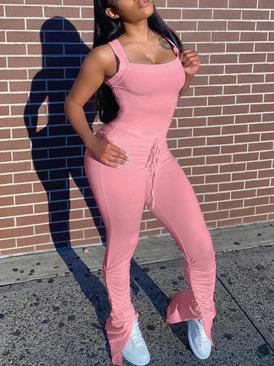 

lovely Casual Lace-up Fold Design Pink One-piece Jumpsuit