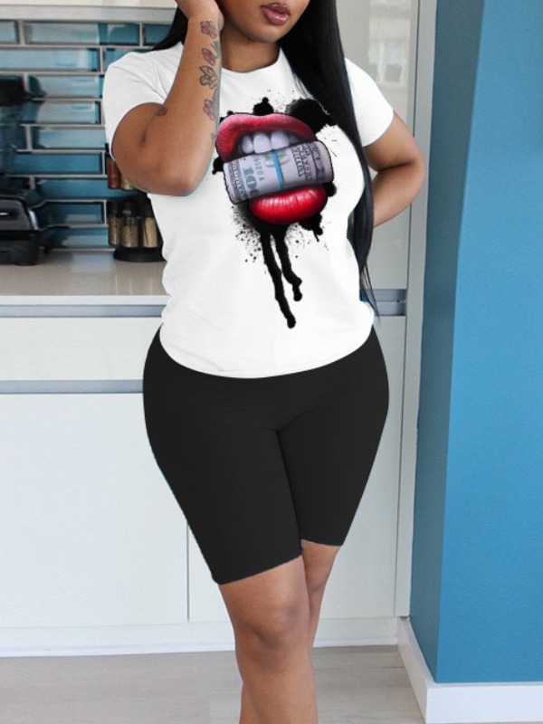 

lovely Casual O Neck Lip Print Black Two Piece Shorts Set