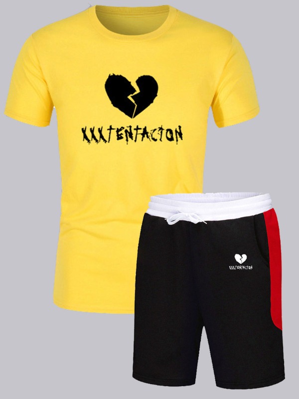 

lovely Sportswear O Neck Patchwork Yellow Two-piece Shorts Set