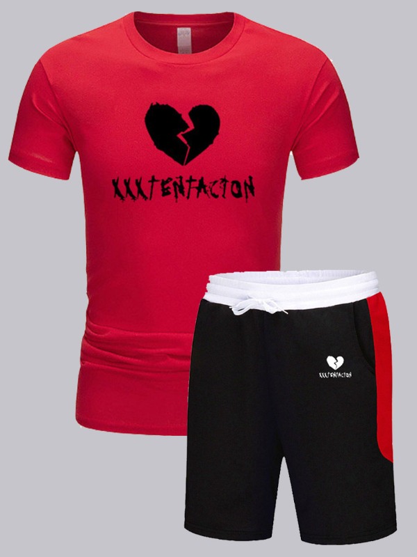 

Men Lovely Sportswear O Neck Patchwork Red Two-piece Shorts Set