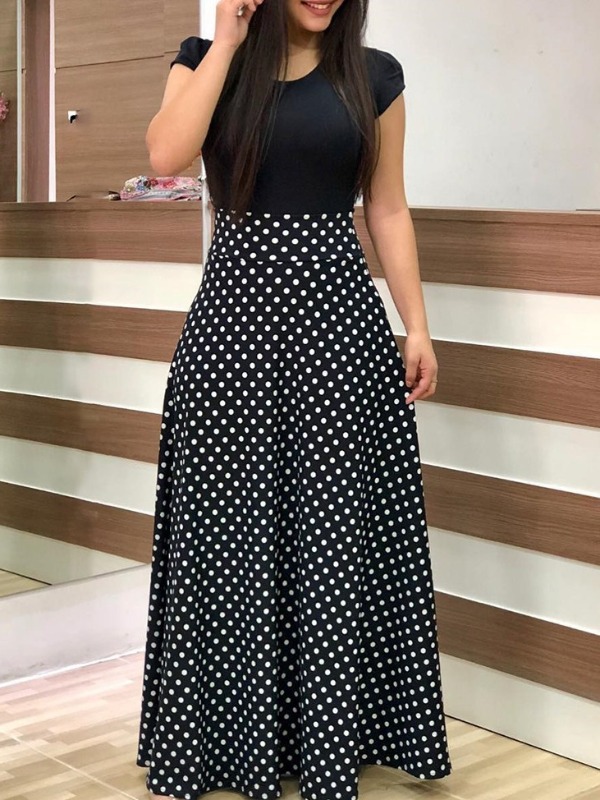 

lovely Casual O Neck Dot Print Black Maxi Plus Size Dress