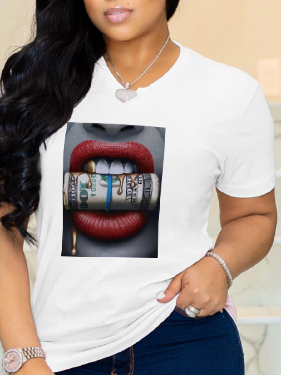 

lovely Casual O Neck Lip Print White T-shirt