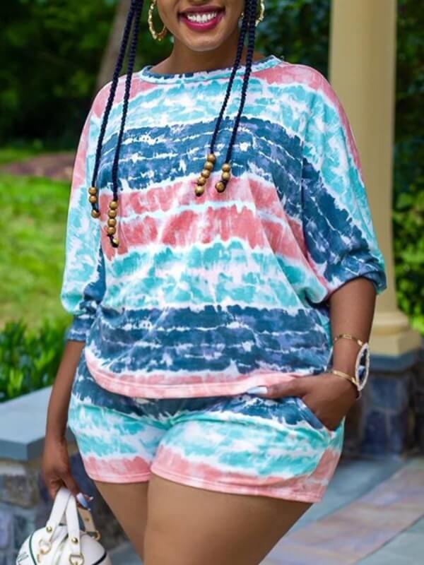 

Lovely Casual O Neck Tie-dye Blue Plus Size Two-piece Shorts Set