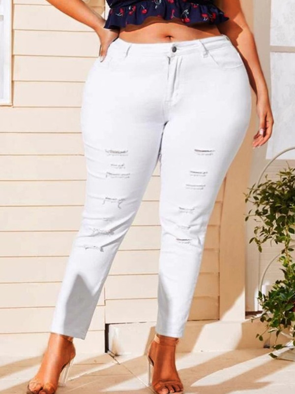 

lovely Stylish Broken Holes White Plus Size Jeans