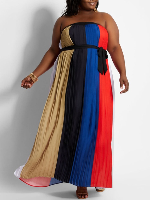 

lovely Casual Dew Shoulder Color-lump Patchwork Multicolor Maxi Plus Size Dress, Multi