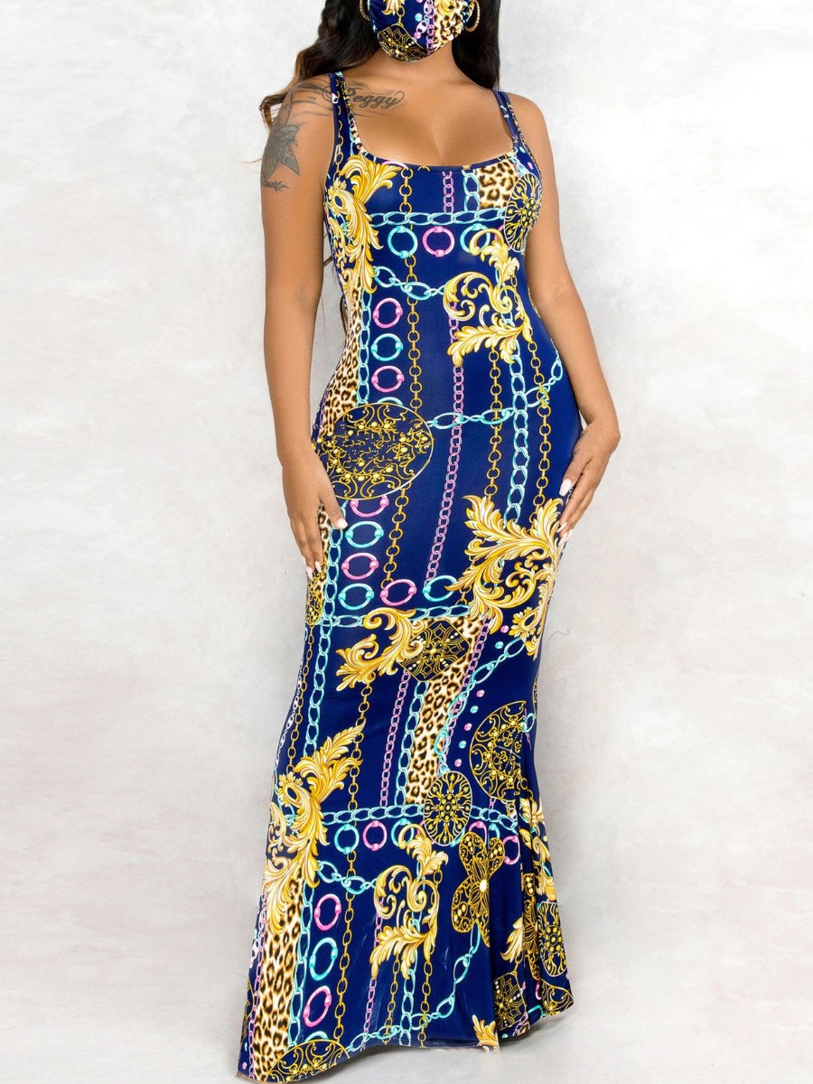 

lovely Bohemian Spaghetti Strap Print Blue Maxi Dress