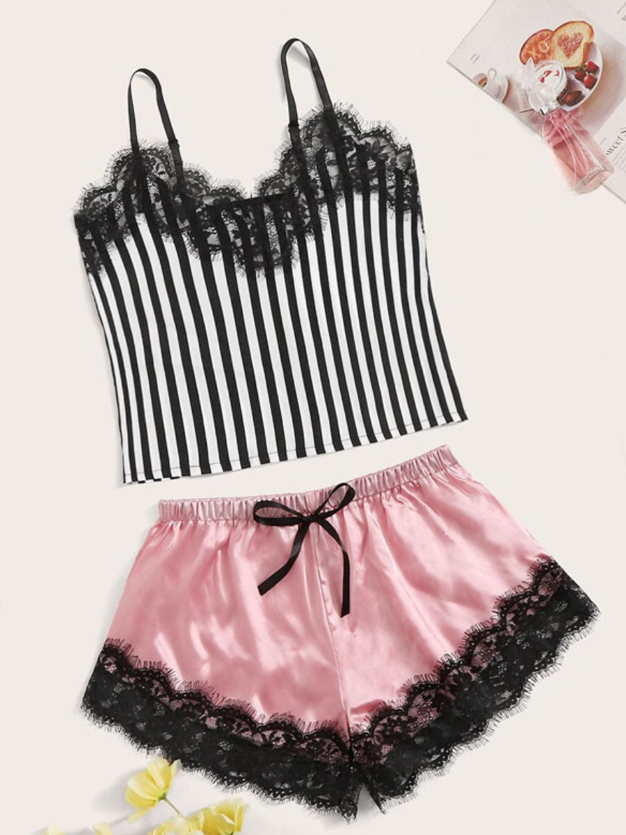 

lovely Sexy Striped Patchwork Pink Sleepwear