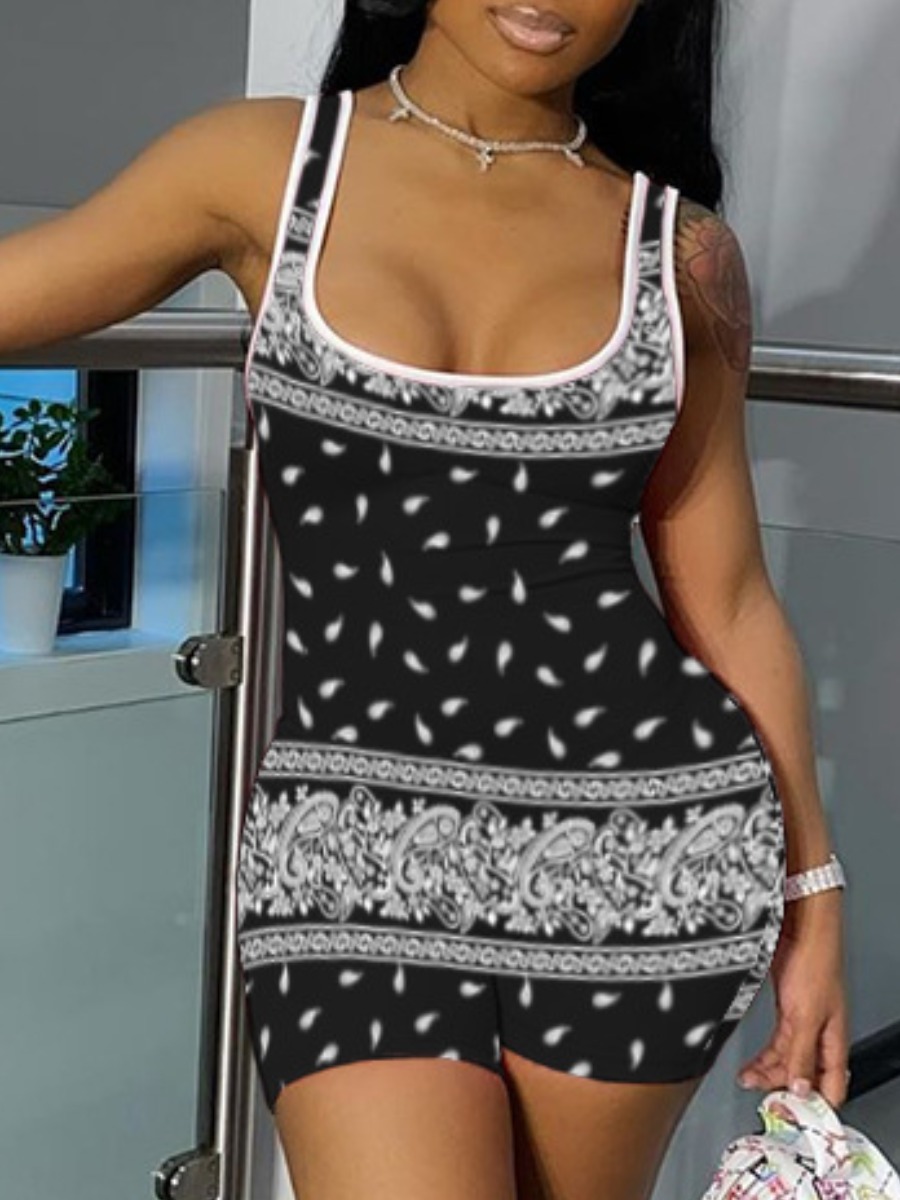 

lovely Trendy U Neck Print Black One-piece Romper