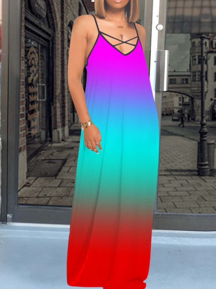 

lovely Trendy Spaghetti Strap Tie-dye Blue Maxi Dress