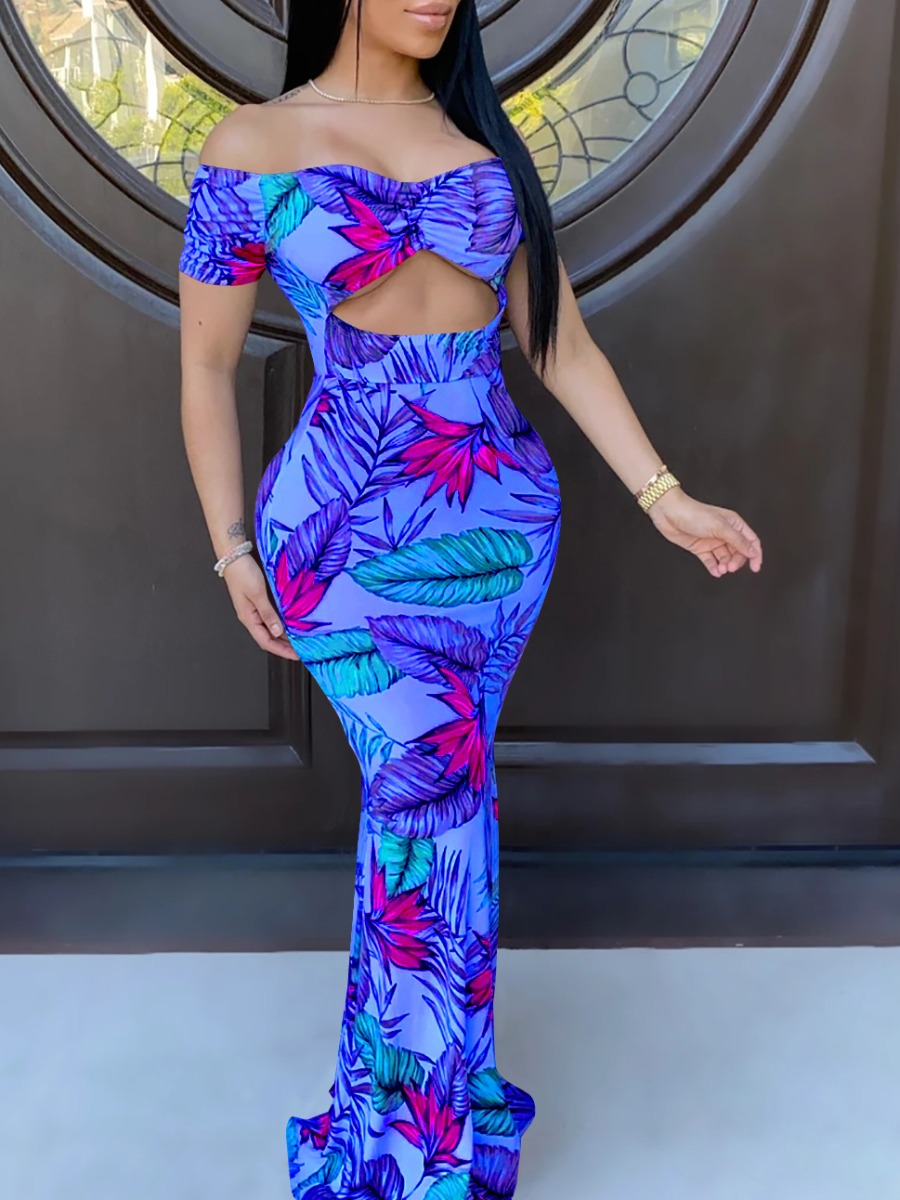 

lovely Bohemian Dew Shoulder Plants Print Blue Maxi Dress