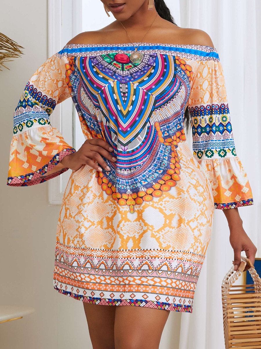 

lovely Ethnic Dew Shoulder Print Yellow Mini Dress