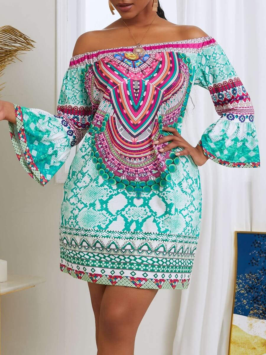 

Lovely Ethnic Dew Shoulder Print Green Mini Dress
