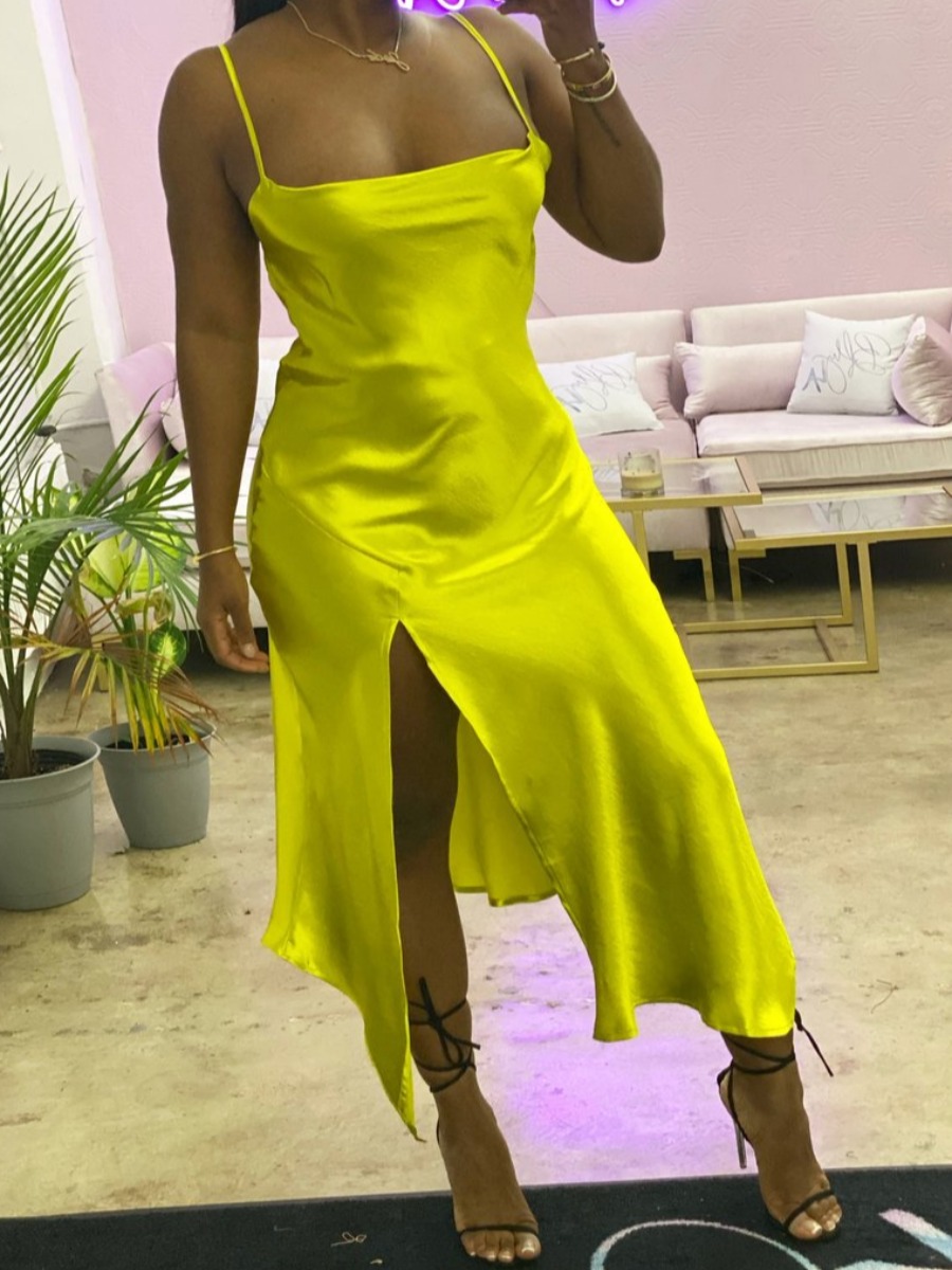 

Lovely Trendy Spaghetti Strap Side High Slit Yellow Ankle Length Dress