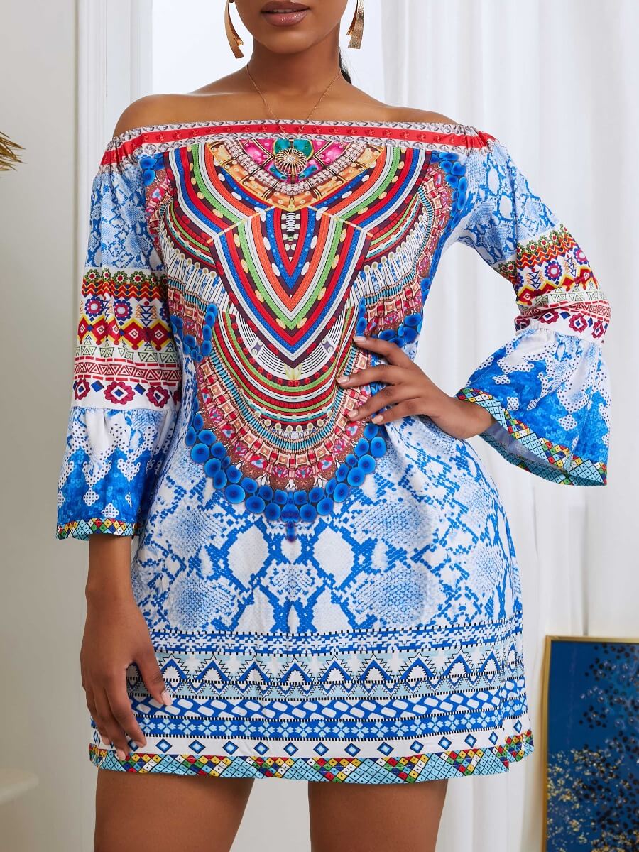 Lovely Ethnic Dew Shoulder Print Blue Mini Dress