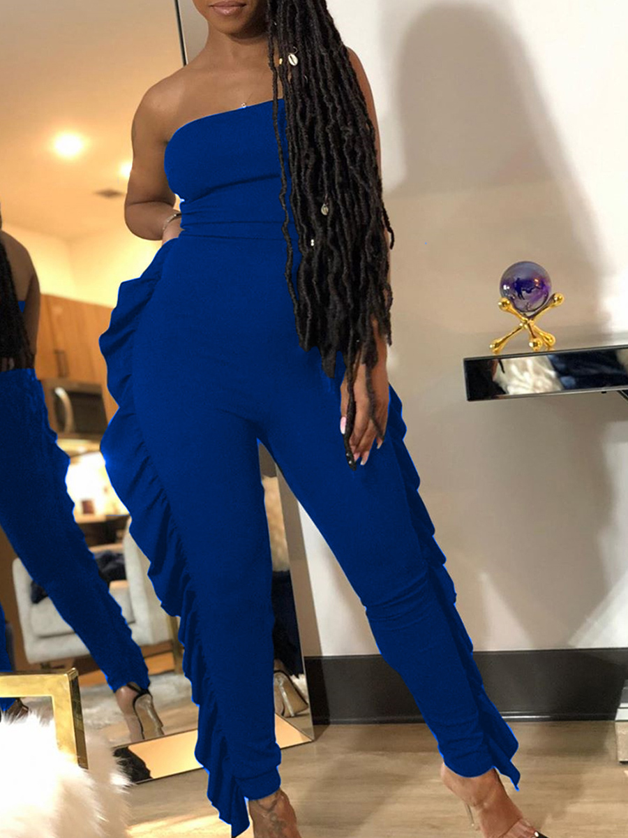 

lovely Sexy Dew Shoulder Flounce Design Blue One-piece Jumpsuit