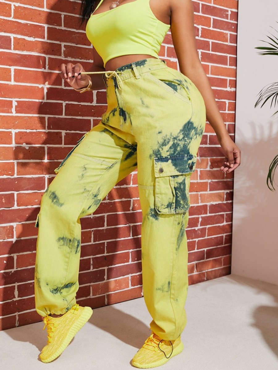 

lovely Street Tie-dye Pocket Patched Yellow Jeans