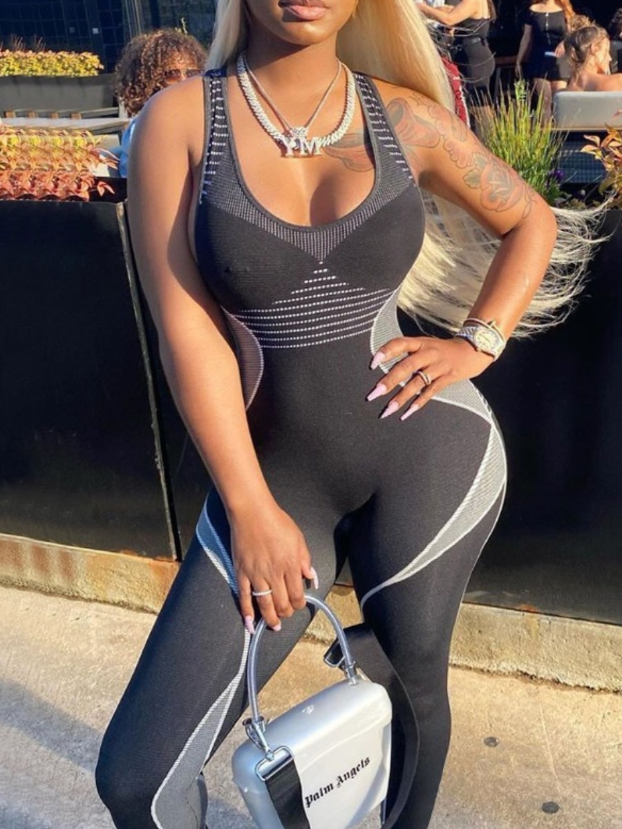 

lovely Sportswear Print Patchwork Black One-piece Jumpsuit