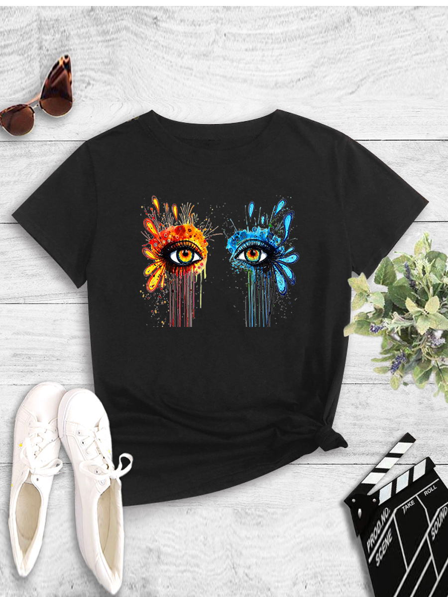 

lovely Casual O Neck Eye Print Black T-shirt