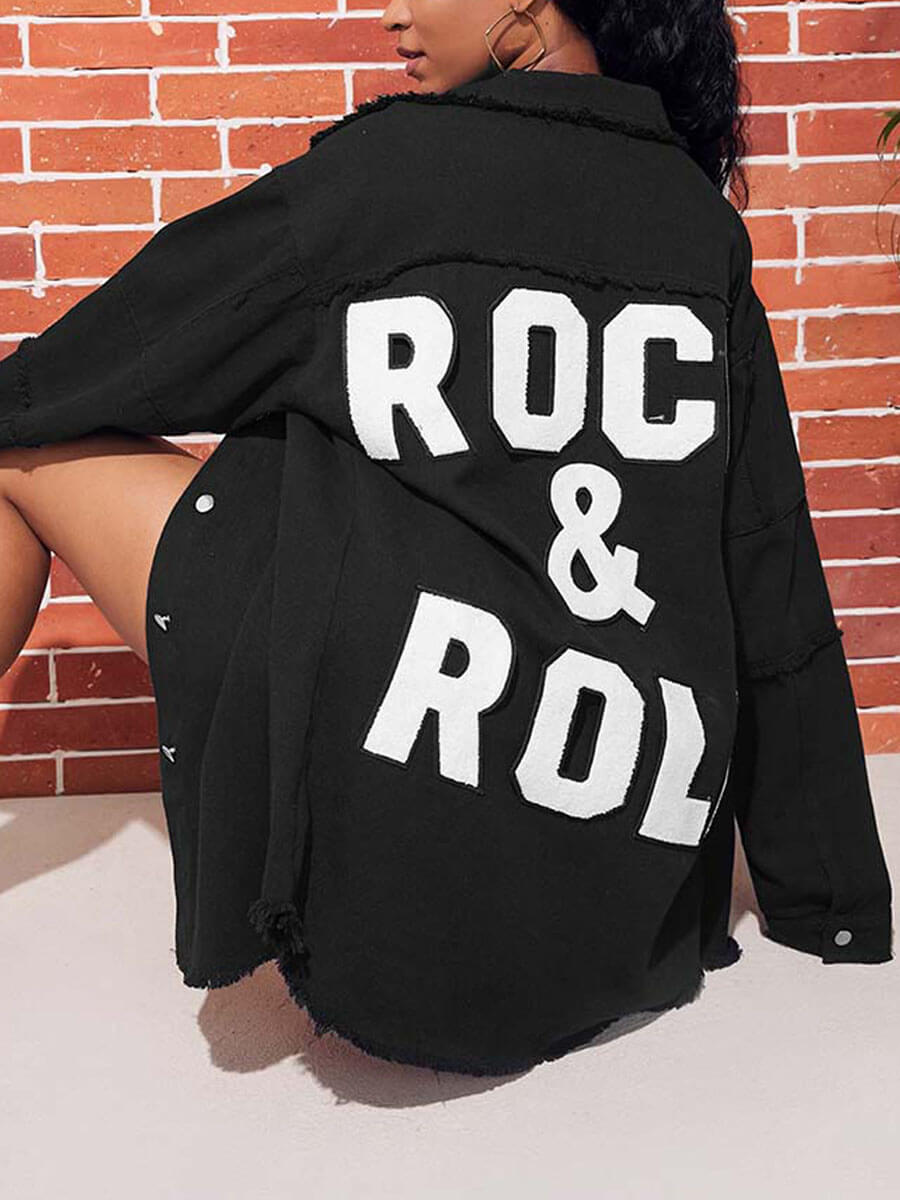 

Lovely Leisure Turndown Collar Letter Print Black Denim Jacket