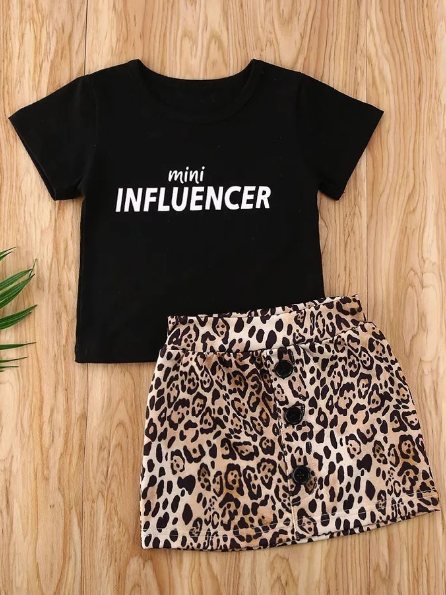 

lovely Casual O Neck Letter Print Black Girl Two-piece Skirt Set