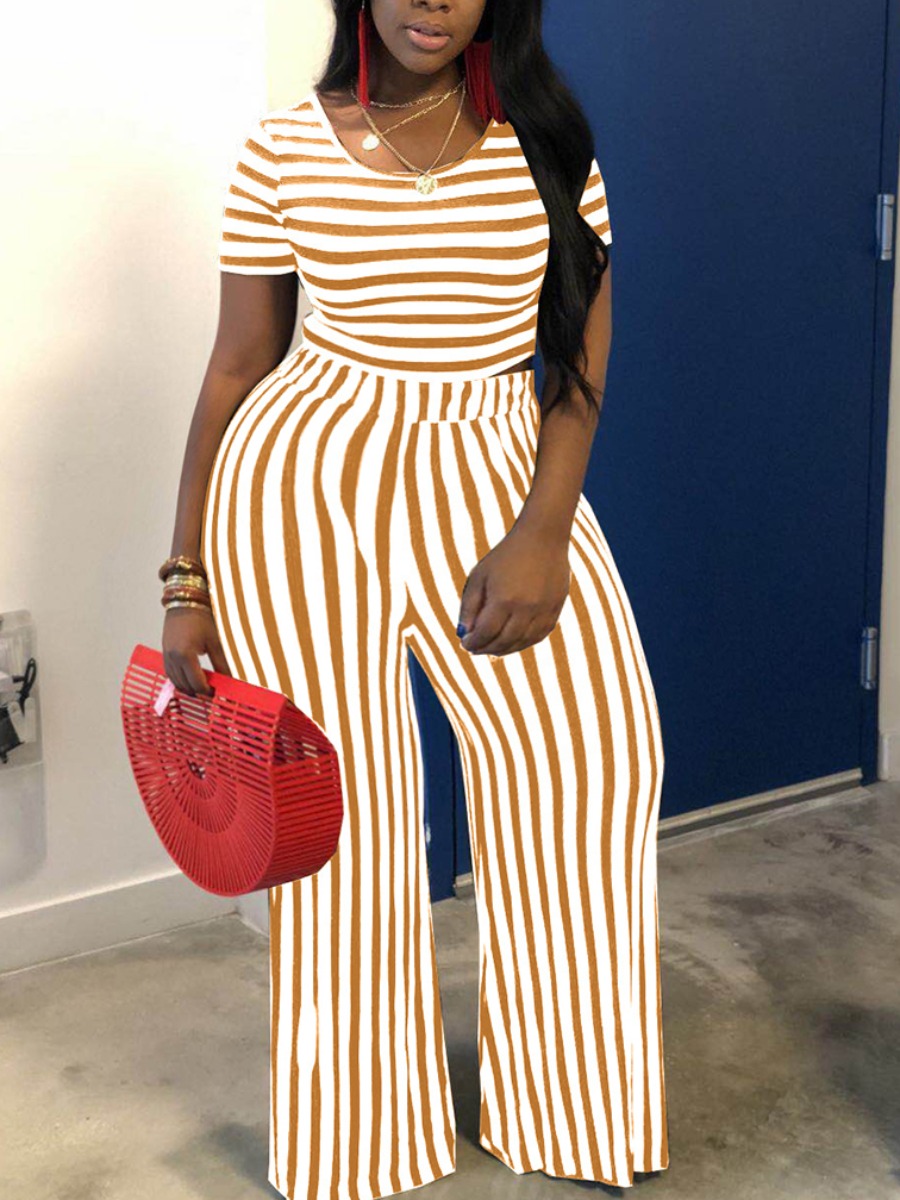 

lovely Street Striped Golden Yellow Plus Size Two-piece Pants Set