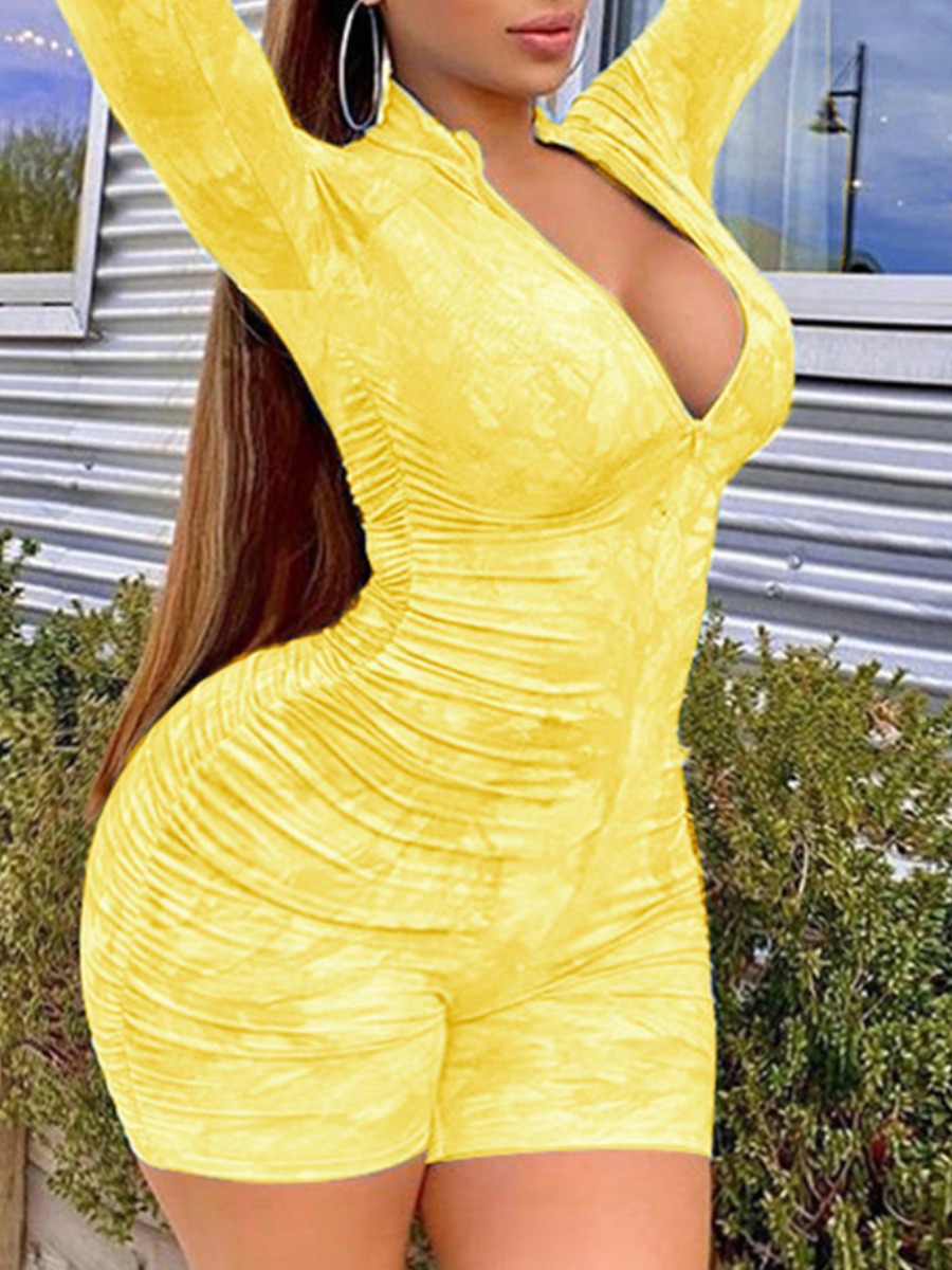

lovely Trendy Tie-dye Zipper Design Yellow Plus Size One-piece Romper