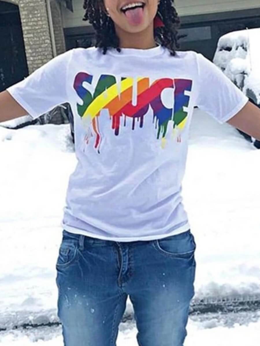 LW COTTON Leisure O Neck Letter Print White T-shirt
