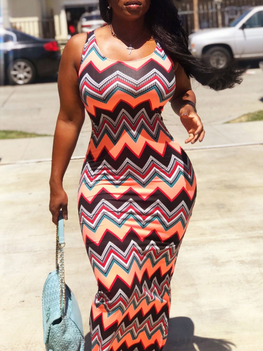 

lovely Casual U Neck Print Skinny Orange Dress