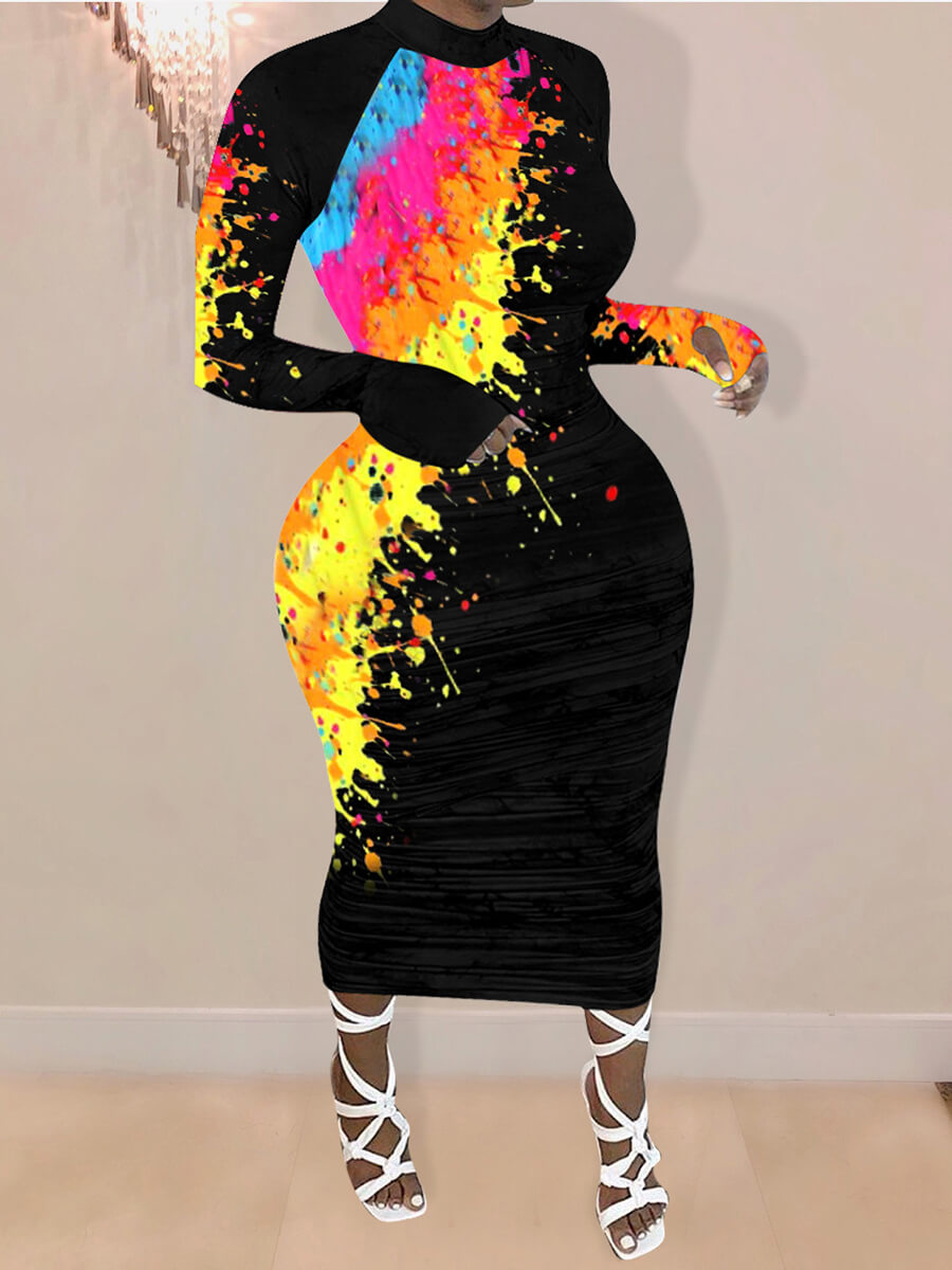 Lovely Plus Size Graffiti Print Yellow Dress
