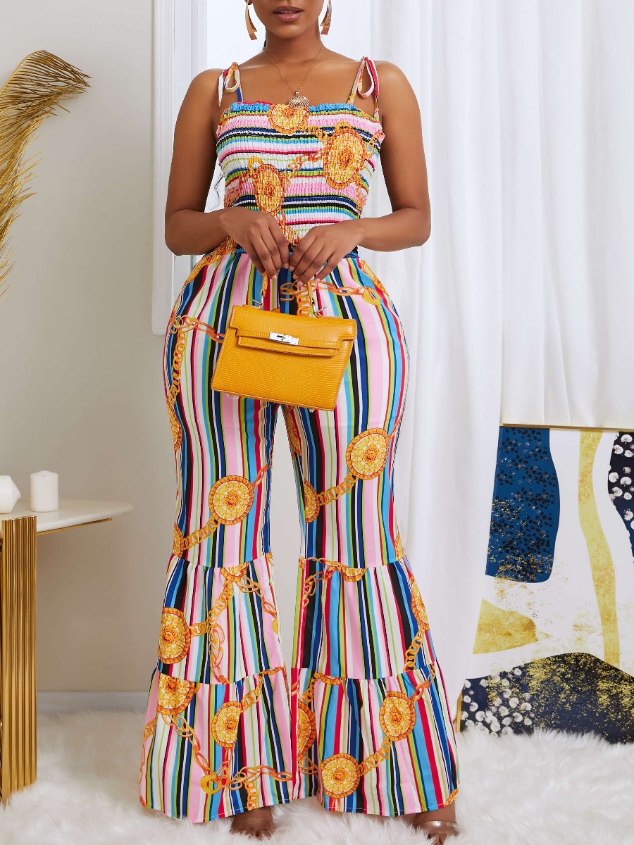 

lovely Trendy Lace-up Striped Print Blue One-piece Jumpsuit
