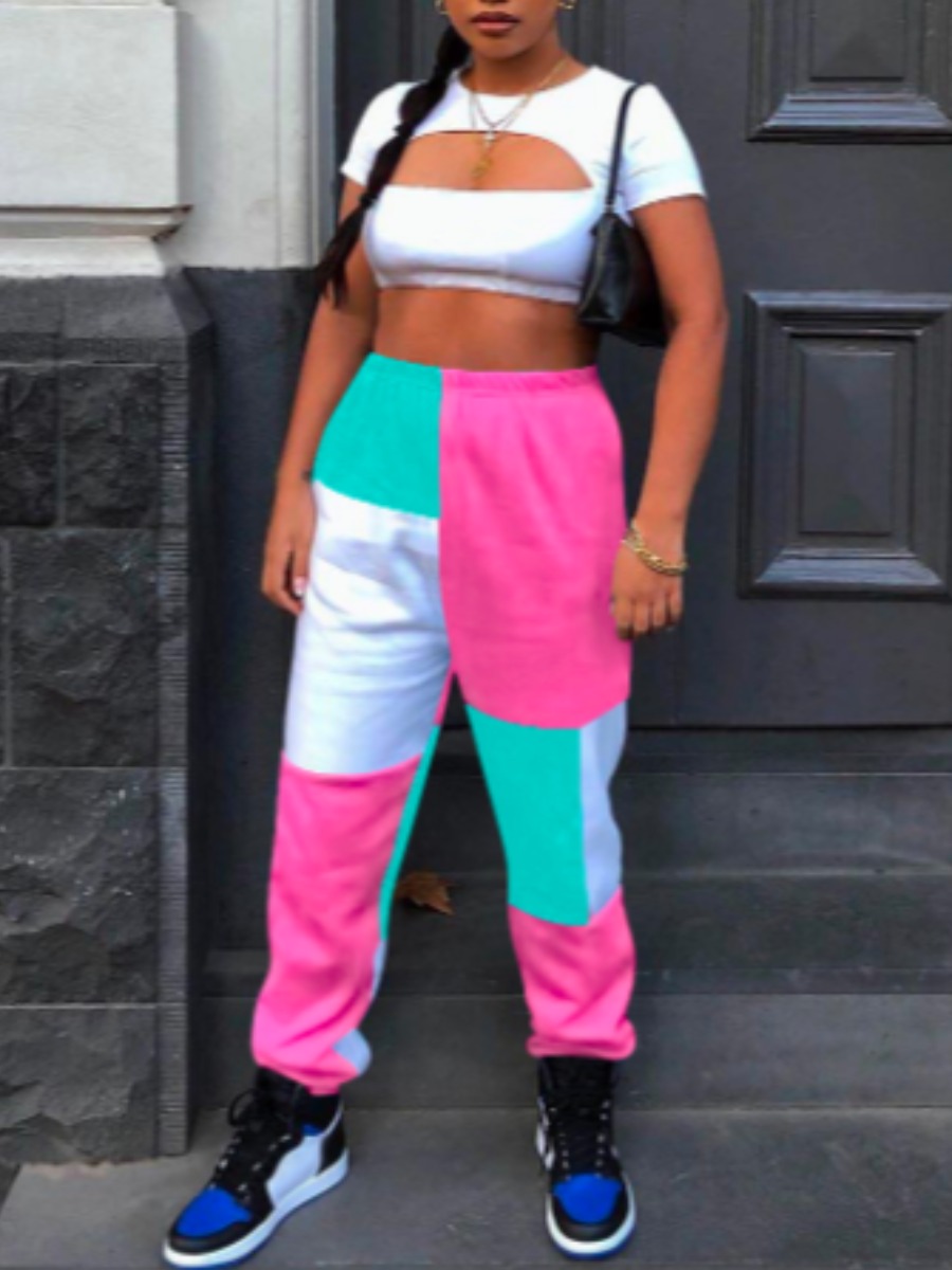

lovely Street Color-lump Patchwork Pink Pants