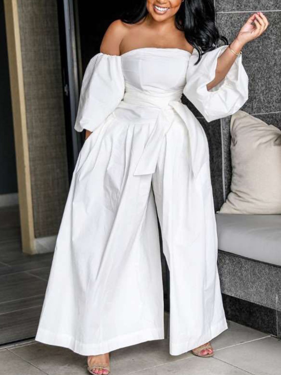 

lovely Trendy Dew Shoulder Fold Design White Plus Size One-piece Jumpsuit