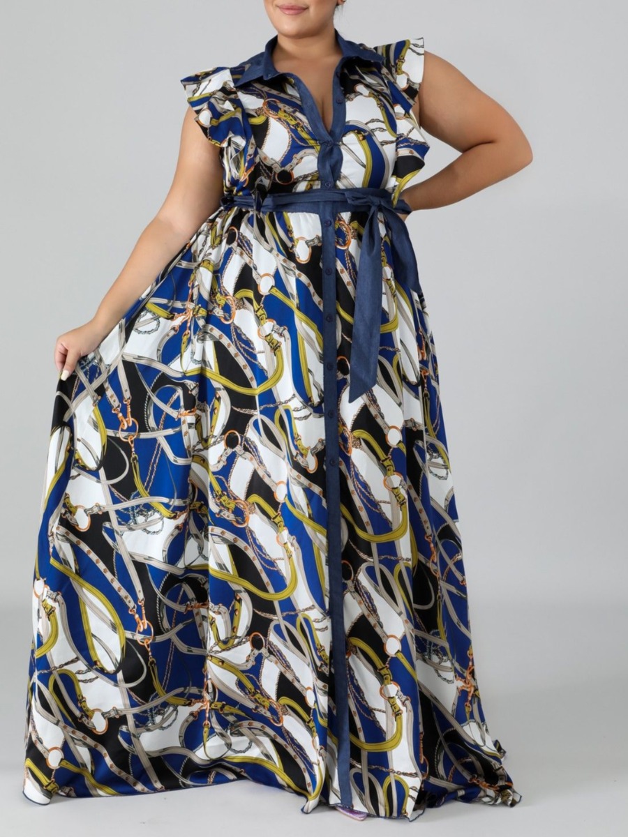 

lovely Casual Turndown Collar Print Blue Maxi Plus Size Dress