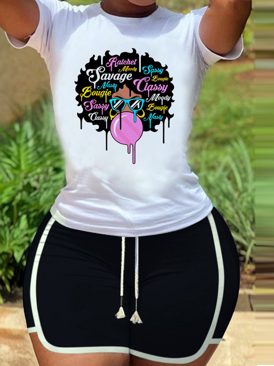 

lovely Sportswear O Neck Print White Two Piece Shorts Set
