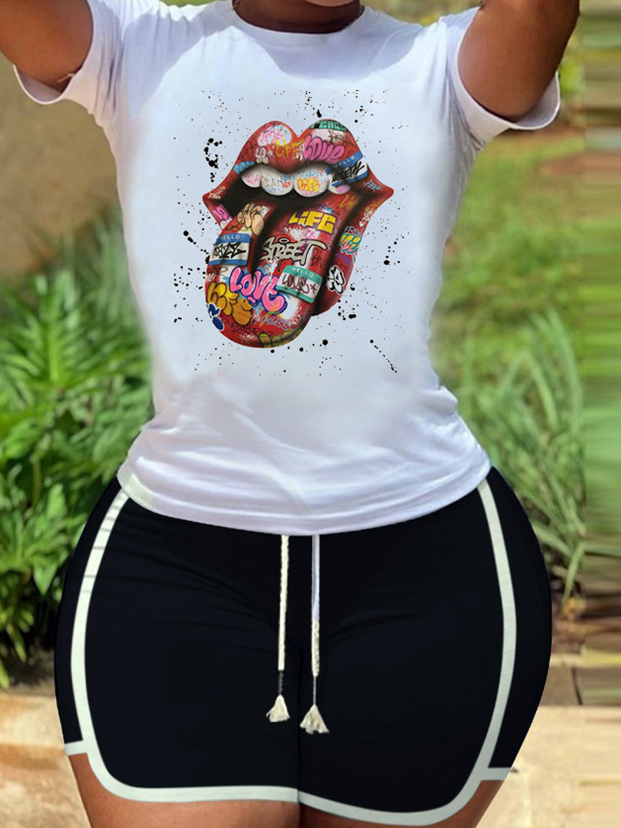 

lovely Leisure O Neck Lip Print White Two Piece Shorts Set