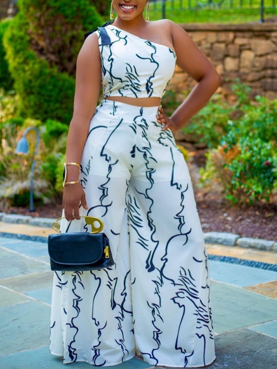 

lovely Trendy One Shoulder Print White Two Piece Pants Set