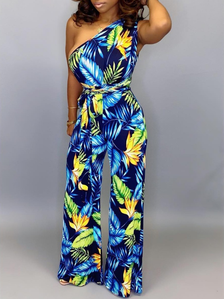 

lovely Trendy One Shoulder Plants Print Blue One-piece Jumpsuit