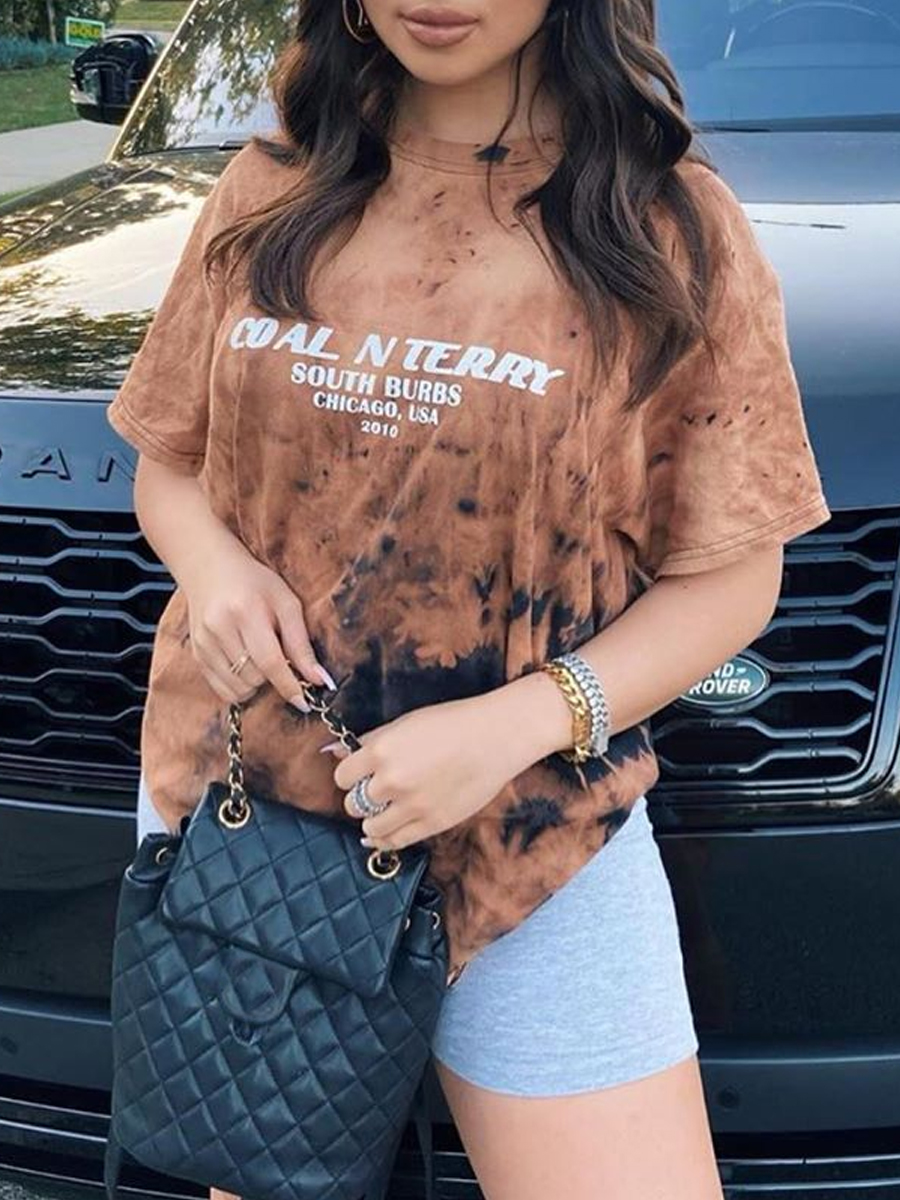 

lovely Casual O Neck Print Brown T-shirt