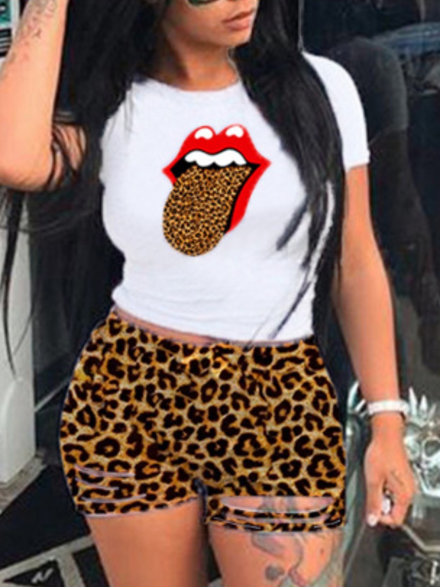 

lovely Street O Neck Lip Print Yellow Two Piece Shorts Set