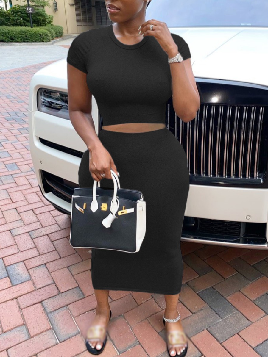 

lovely Casual O Neck Basic Skinny Black Two Piece Skirt Set