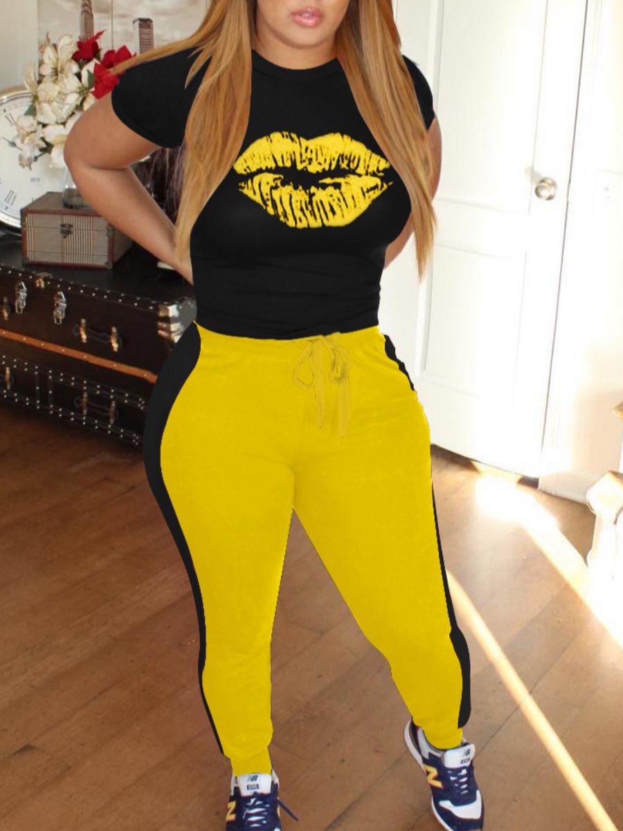 

lovely Leisure O Neck Lip Print Yellow Two Piece Pants Set