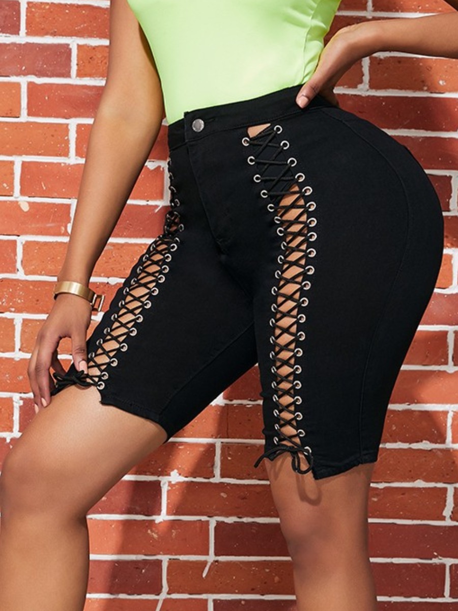 

lovely Street Bandage Design Black Denim Shorts