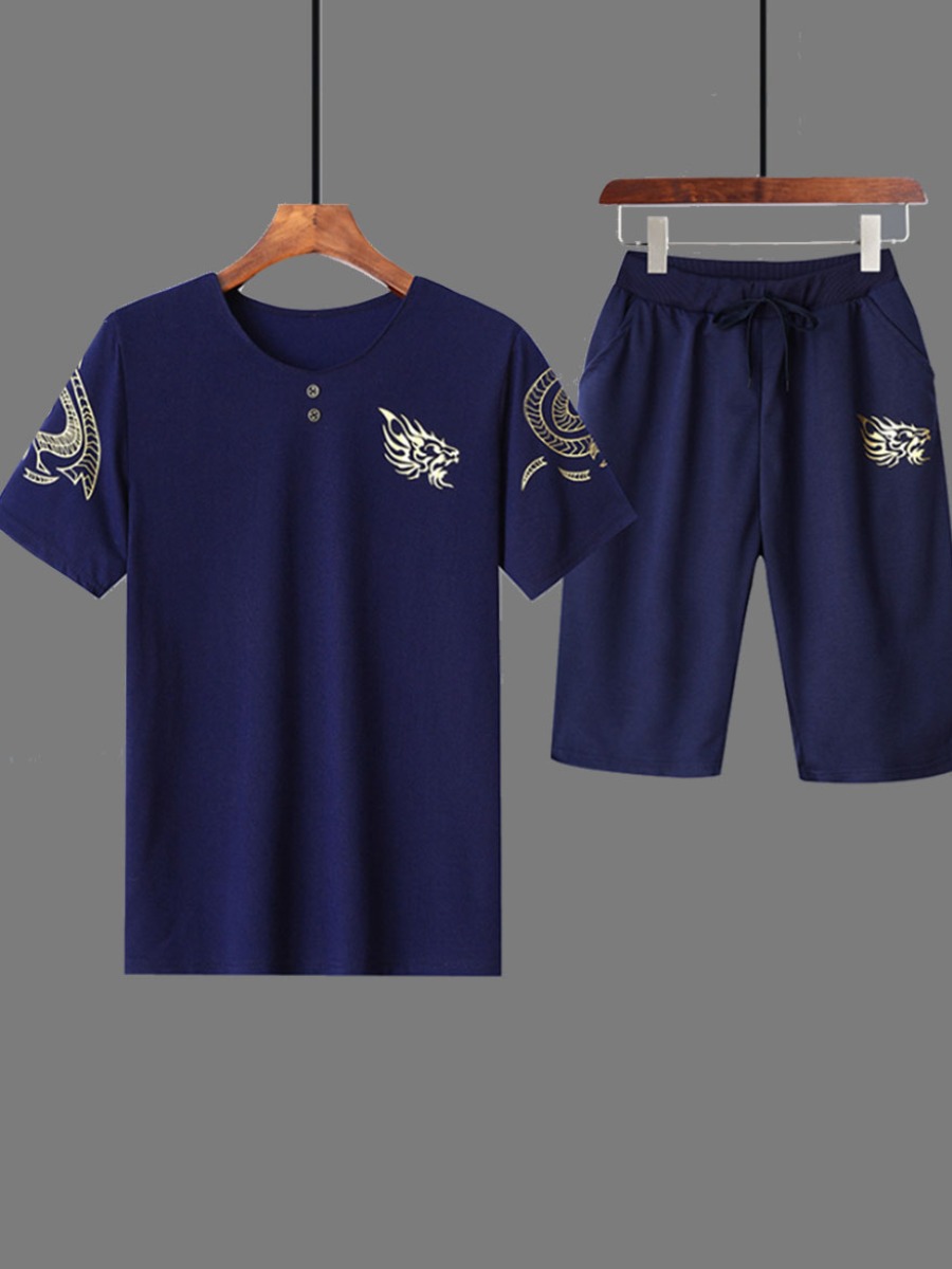 

Men lovely Casual O Neck Print Deep Blue Two-piece Shorts Set