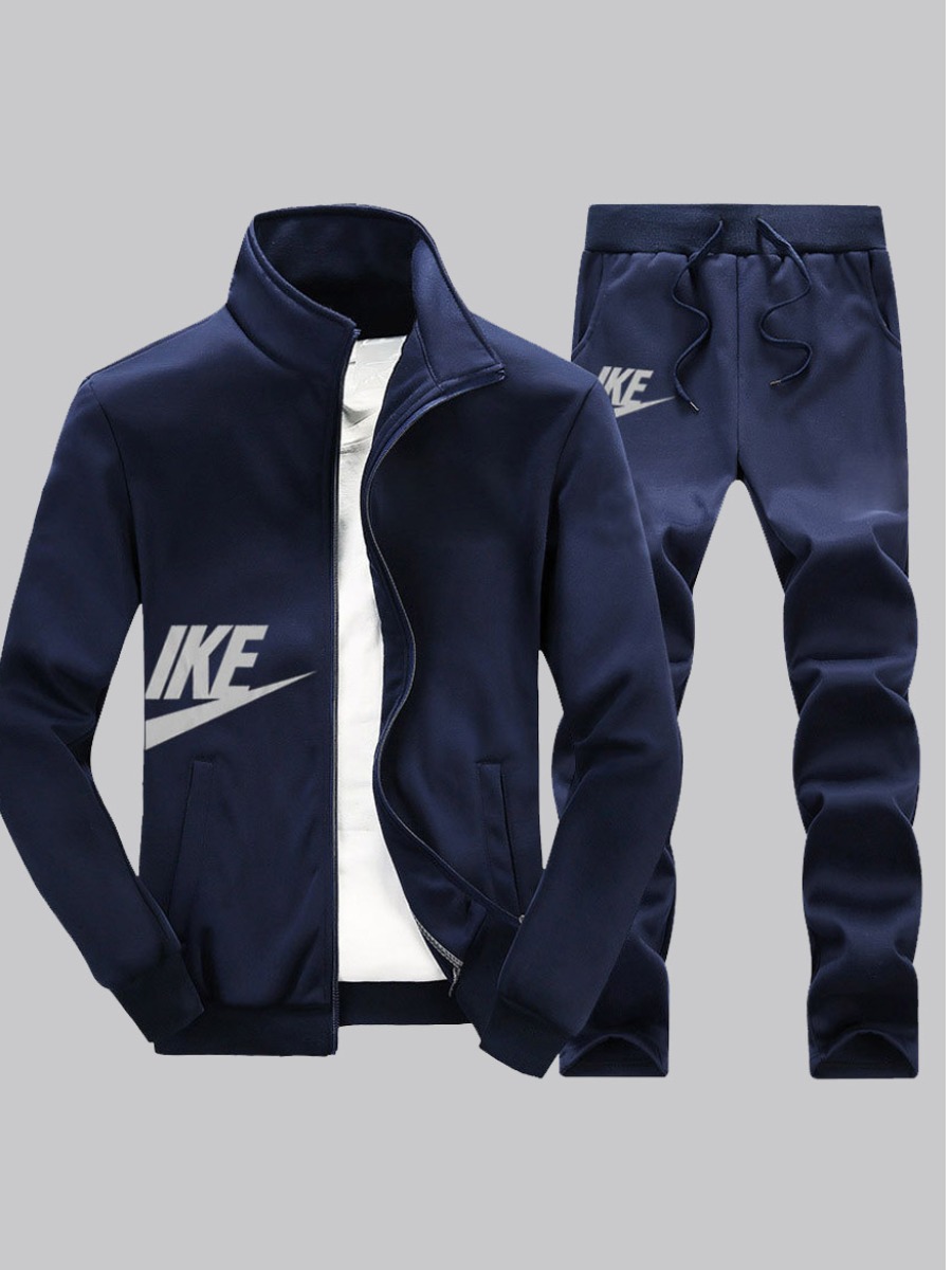 

Men lovely Sportswear Letter Zipper Design Deep Blue Two-piece Pants Set