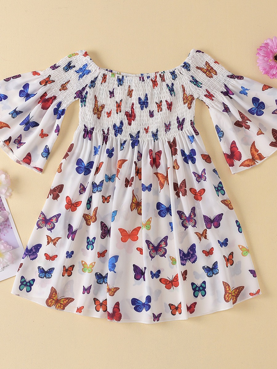 

lovely Sweet Butterfly Print White Girl Knee Length Dress